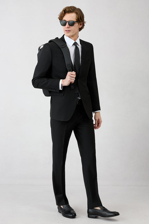 Siyah 4 Drop Relaxed Fit Rahat Kesim Mono Yaka Klasik Likralı Takım Elbise