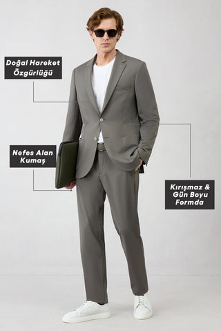  Açık Füme Techno-Line 7 Drop Super Slim Fit Eksra Dar Kesim Beli Lastikli Esnek Çantalı Takım Elbise