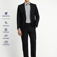 Siyah 6 Drop Regular Fit Standart Kesim Yünlü Traveller Suit Çantalı Takım Elbise