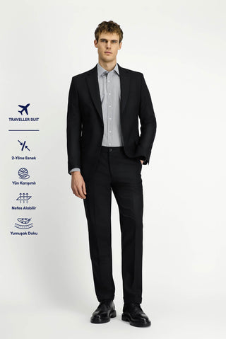  Siyah 6 Drop Regular Fit Standart Kesim Yünlü Traveller Suit Çantalı Takım Elbise