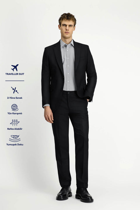 Siyah 6 Drop Regular Fit Standart Kesim Yünlü Traveller Suit Çantalı Takım Elbise