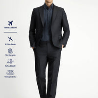 Koyu Füme 6 Drop Regular Fit Standart Kesim Yünlü Traveller Suit Çantalı Takım Elbise