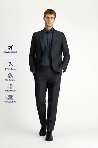  Koyu Füme 6 Drop Regular Fit Standart Kesim Yünlü Traveller Suit Çantalı Takım Elbise