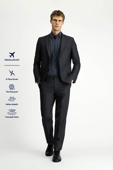 Koyu Füme 6 Drop Regular Fit Standart Kesim Yünlü Traveller Suit Çantalı Takım Elbise