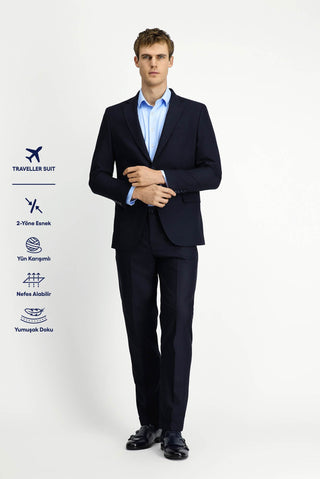  Koyu Lacivert 6 Drop Regular Fit Standart Kesim Yünlü Traveller Suit Çantalı Takım Elbise