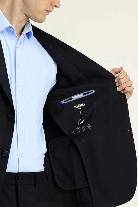Koyu Lacivert 6 Drop Regular Fit Standart Kesim Yünlü Traveller Suit Çantalı Takım Elbise