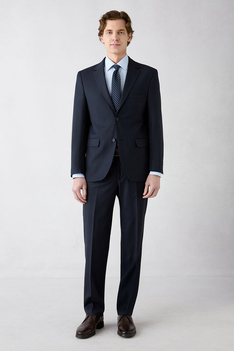 Orta Lacivert 4 Drop Relaxed Fit Rahat Kesim Yünlü Çizgili Mono Yaka Takım Elbise