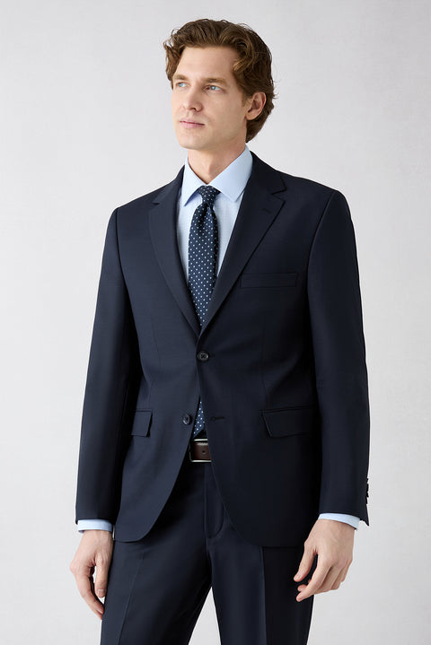 Orta Lacivert 6 Drop Regular Fit Standart Kesim Yünlü Çizgili Mono Yaka Takım Elbise