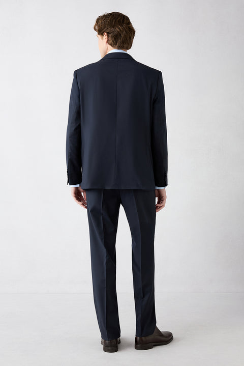 Orta Lacivert 6 Drop Regular Fit Standart Kesim Yünlü Çizgili Mono Yaka Takım Elbise