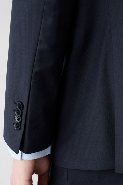 Orta Lacivert 4 Drop Relaxed Fit Rahat Kesim Yünlü Çizgili Mono Yaka Takım Elbise