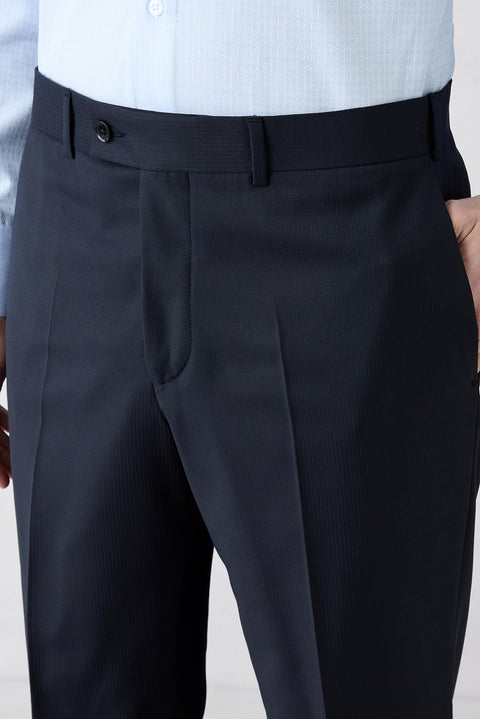 Orta Lacivert 4 Drop Relaxed Fit Rahat Kesim Yünlü Çizgili Mono Yaka Takım Elbise