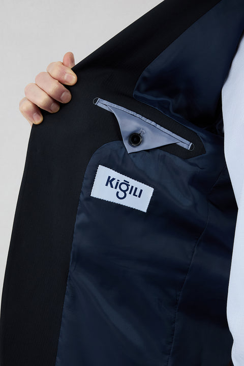 Koyu Lacivert 4 Drop Relaxed Fit Rahat Kesim Yünlü Çizgili Mono Yaka Takım Elbise