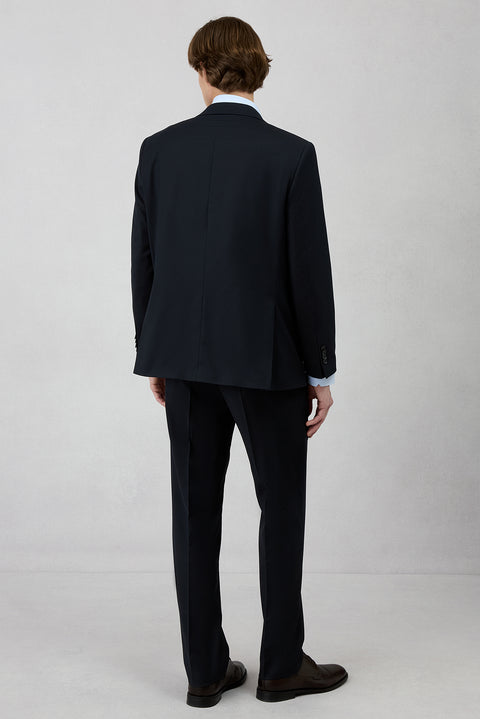 Koyu Lacivert 4 Drop Relaxed Fit Rahat Kesim Yünlü Çizgili Mono Yaka Takım Elbise