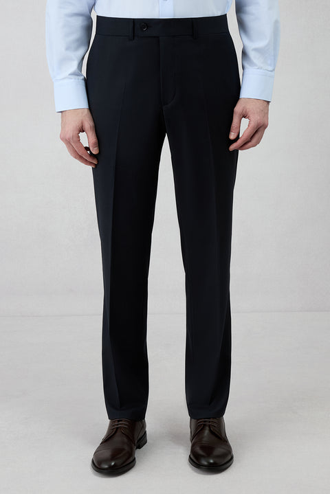Koyu Lacivert 4 Drop Relaxed Fit Rahat Kesim Yünlü Çizgili Mono Yaka Takım Elbise