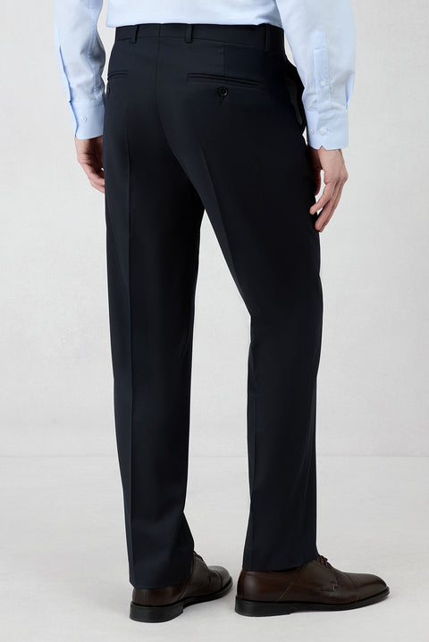 Koyu Lacivert 4 Drop Relaxed Fit Rahat Kesim Yünlü Çizgili Mono Yaka Takım Elbise
