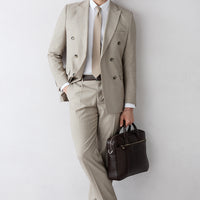 Açık Bej 7 Drop Slim Fit Dar Kesim Sivri Yaka Yünlü Kruvaze Kapama Takım Elbise