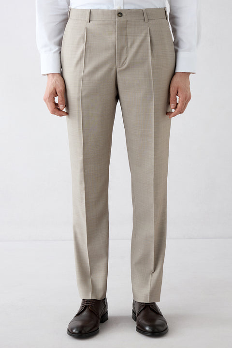 Açık Bej 7 Drop Slim Fit Dar Kesim Sivri Yaka Yünlü Kruvaze Kapama Takım Elbise
