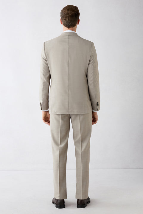 Açık Bej 7 Drop Slim Fit Dar Kesim Sivri Yaka Yünlü Kruvaze Kapama Takım Elbise