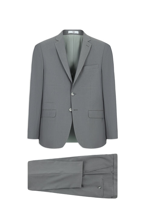 Medium Grey 7 Drop Super Slim Fit Extra Narrow Cut Mono-Neck Zipper Detail Striped Wool Suit