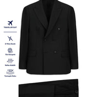Siyah 6 Drop Regular Fit Standart Kesim Yünlü Kruvaze Beli Tokalı Traveller Suit Çantalı Takım Elbise