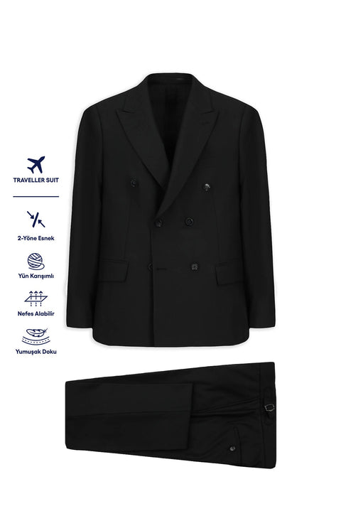 Siyah 6 Drop Regular Fit Standart Kesim Yünlü Kruvaze Beli Tokalı Traveller Suit Çantalı Takım Elbise