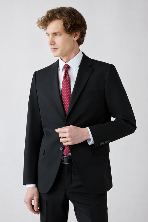 Black 6-Drop Regular Fit Standard Cut Mono-Neck Wool Suit