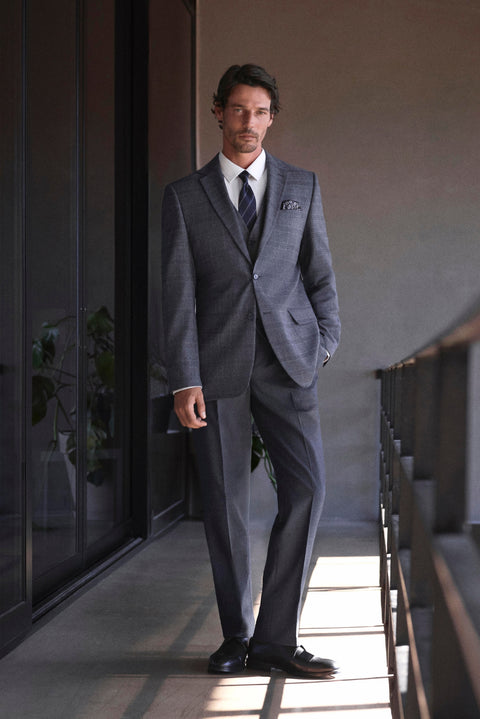Dark Anthracite 7 Drop Slim Fit Peak Lapel Plaid Triple Suit