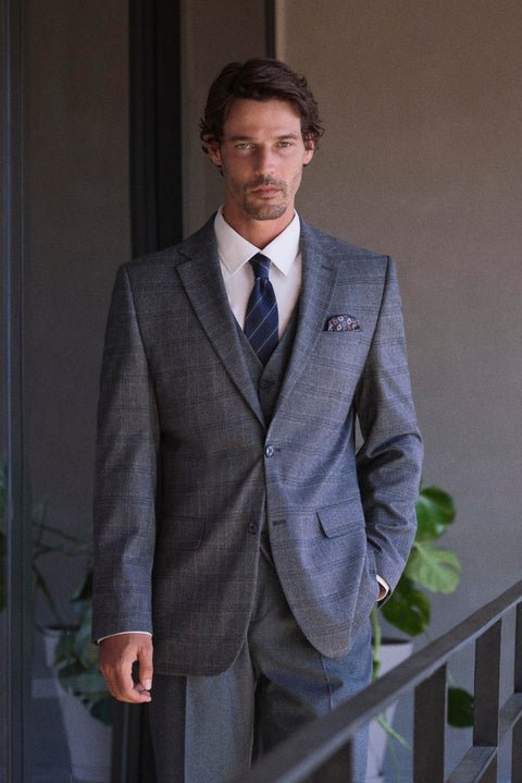Dark Anthracite 7 Drop Slim Fit Peak Lapel Plaid Triple Suit