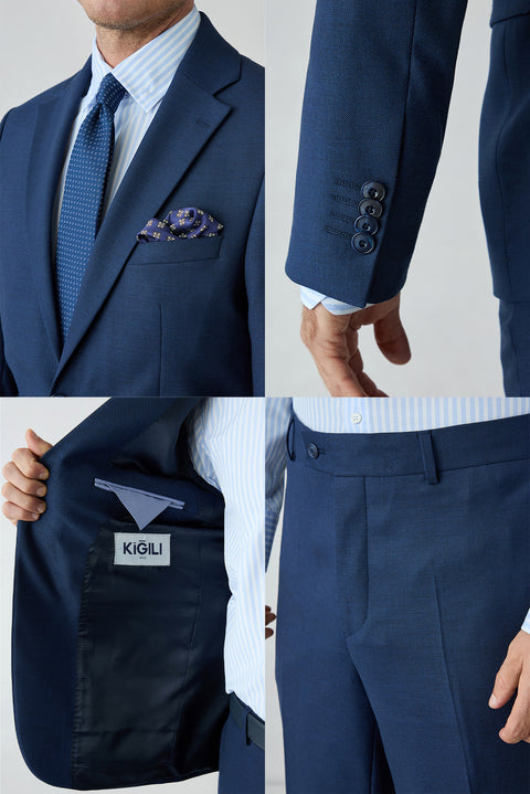 Mid-Navy 4-Drop Relaxed Fit Notch Lapel Wool Plain Suit