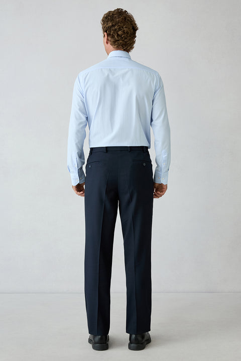 Orta Lacivert 4 Drop Relax Fit Sivri Yaka Armürlü Beli Lastikli Yünlü Takım Elbise