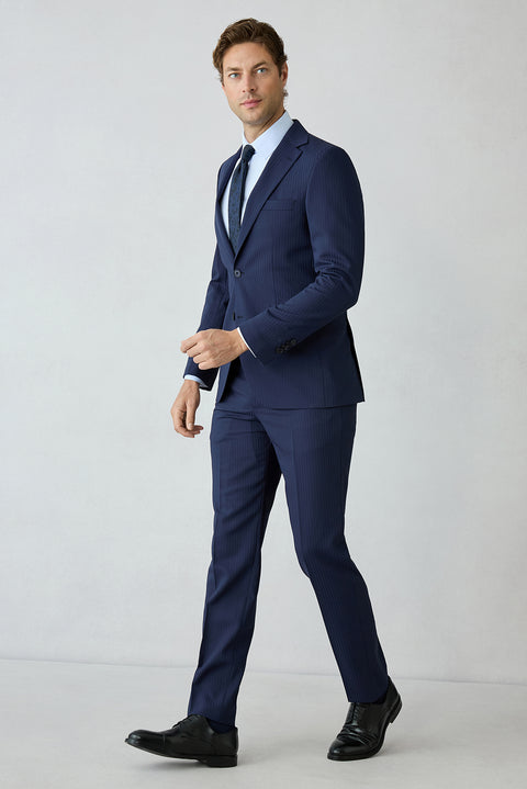 Dark Navy 6-Drop Regular Fit Notch Lapel Striped Wool Suit