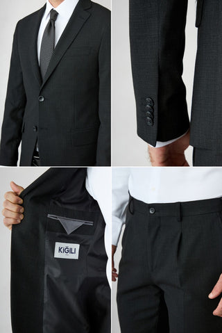  Siyah 7 Drop Süper Slim Fit Armürlü Mono Yaka Klasik Takım Elbise