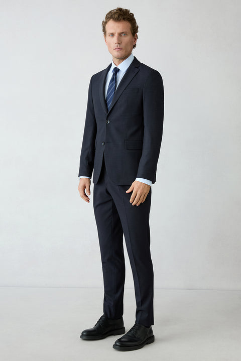Koyu Lacivert 7 Drop Süper Slim Fit Armürlü Mono Yaka Klasik Takım Elbise