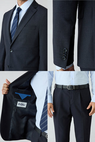  Koyu Lacivert 7 Drop Süper Slim Fit Armürlü Mono Yaka Klasik Takım Elbise