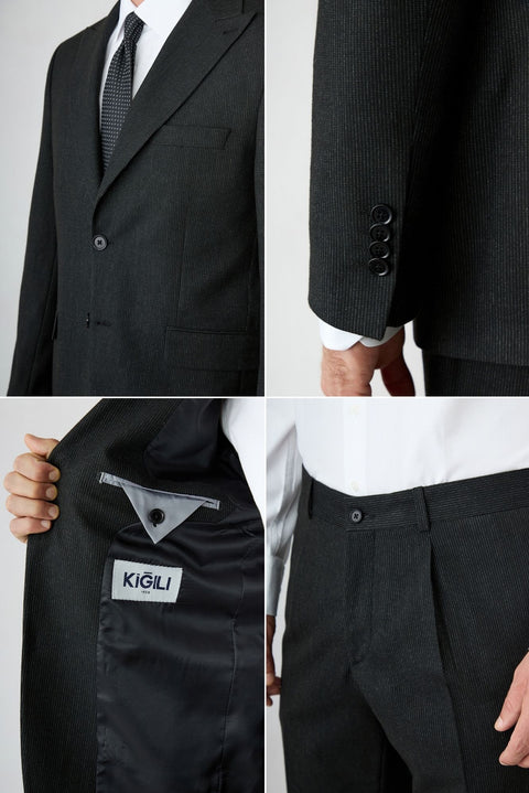 Black 4 Drop Relaxed Fit Striped Classic Suit with Pointed Collar