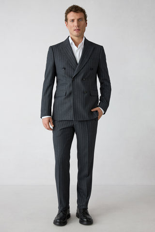  Koyu Füme 7 Drop Slim Fit Dar Kesim Çizgili Sivri Yaka Kruvaze Takım Elbise