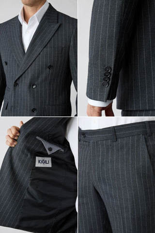  Koyu Füme 7 Drop Slim Fit Dar Kesim Çizgili Sivri Yaka Kruvaze Takım Elbise