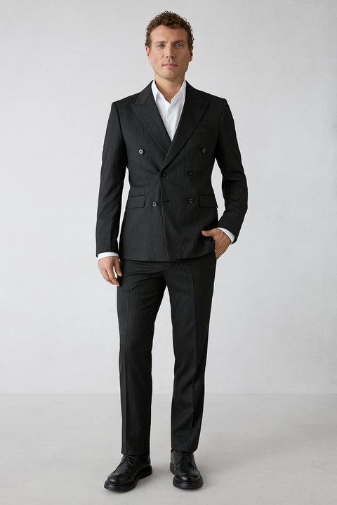 Siyah 7 Drop Slim Fit Sivri Yaka Çizgili Kruvaze Kapama Takım Elbise