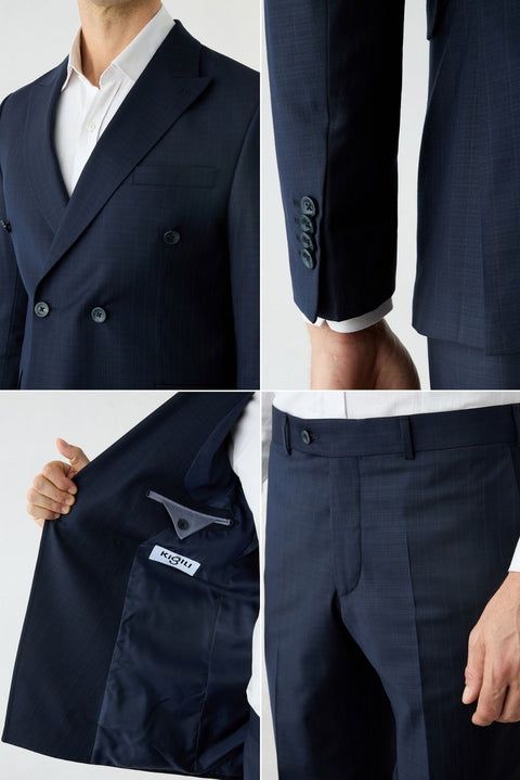 Koyu Lacivert 6 Drop Regular Fit Standart Kesim Sivri Yaka Çizgili Kruvaze Takım Elbise