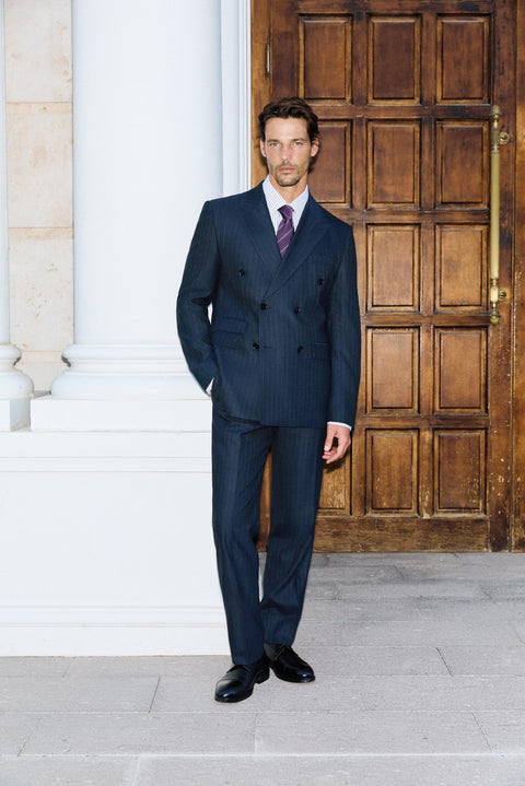 Dark Navy 7 Drop Slim Fit Peak Lapel Striped Double-Breasted Suit