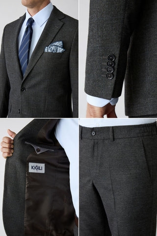  Acı Kahve 6 Drop Regular Fit Standart Kesim Ekose Mono Yaka Beli Lastikli Kombinli Takım Elbise