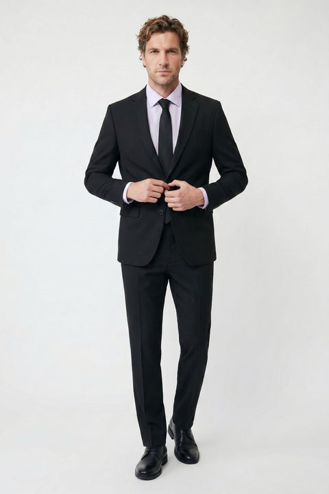 Siyah 6 Drop Regular Fit Standart Kesim Mono Yaka Likralı Düz Takım Elbise