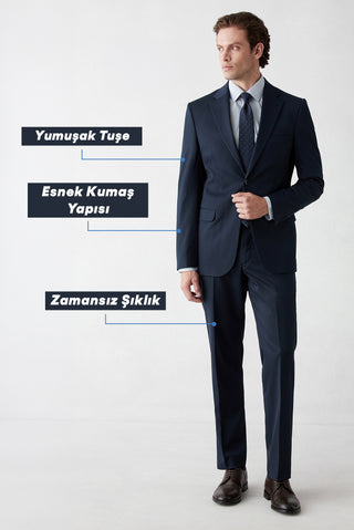  Koyu Lacivert 6 Drop Regular Fit Standart Kesim Mono Yaka Likralı Düz Takım Elbise