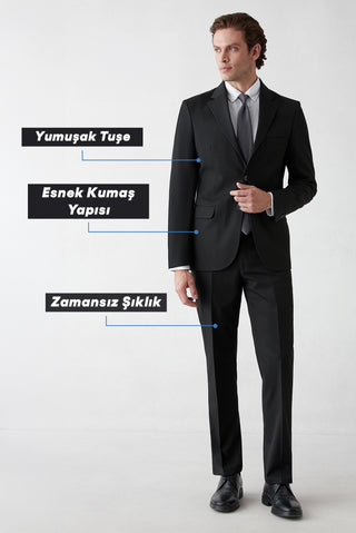  Siyah 7 Drop Slim Fit Dar Kesim Mono Yaka Likralı Düz Takım Elbise