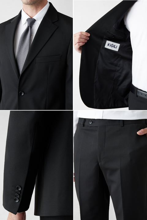 Siyah 7 Drop Slim Fit Dar Kesim Mono Yaka Likralı Düz Takım Elbise