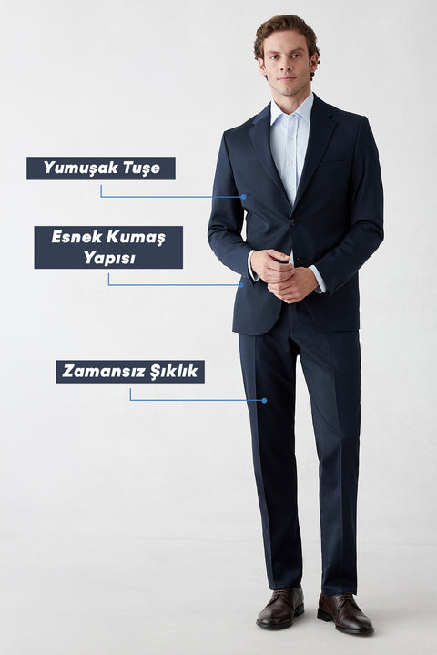 Koyu Lacivert 7 Drop Slim Fit Dar Kesim Mono Yaka Likralı Düz Takım Elbise