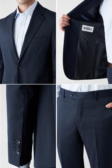 Koyu Lacivert 7 Drop Slim Fit Dar Kesim Mono Yaka Likralı Düz Takım Elbise