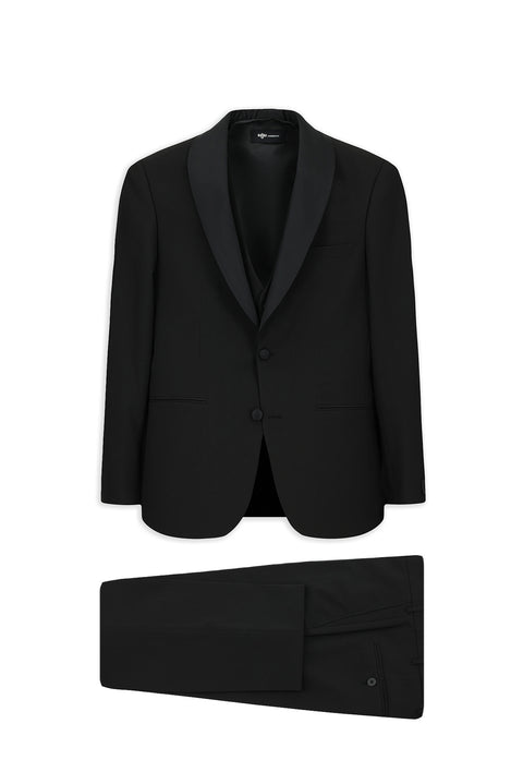 Siyah 7 Drop Slim Fit Dar Kesim Şal Yaka Yelekli Smokin & Damatlık