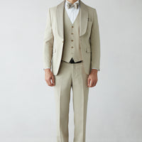 Açık Bej 7 Drop Slim Fit Dar Kesim Şal Yaka Yelekli Smokin & Damatlık