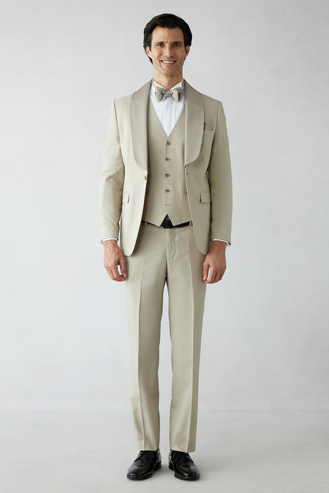 Açık Bej 7 Drop Slim Fit Dar Kesim Şal Yaka Yelekli Smokin & Damatlık